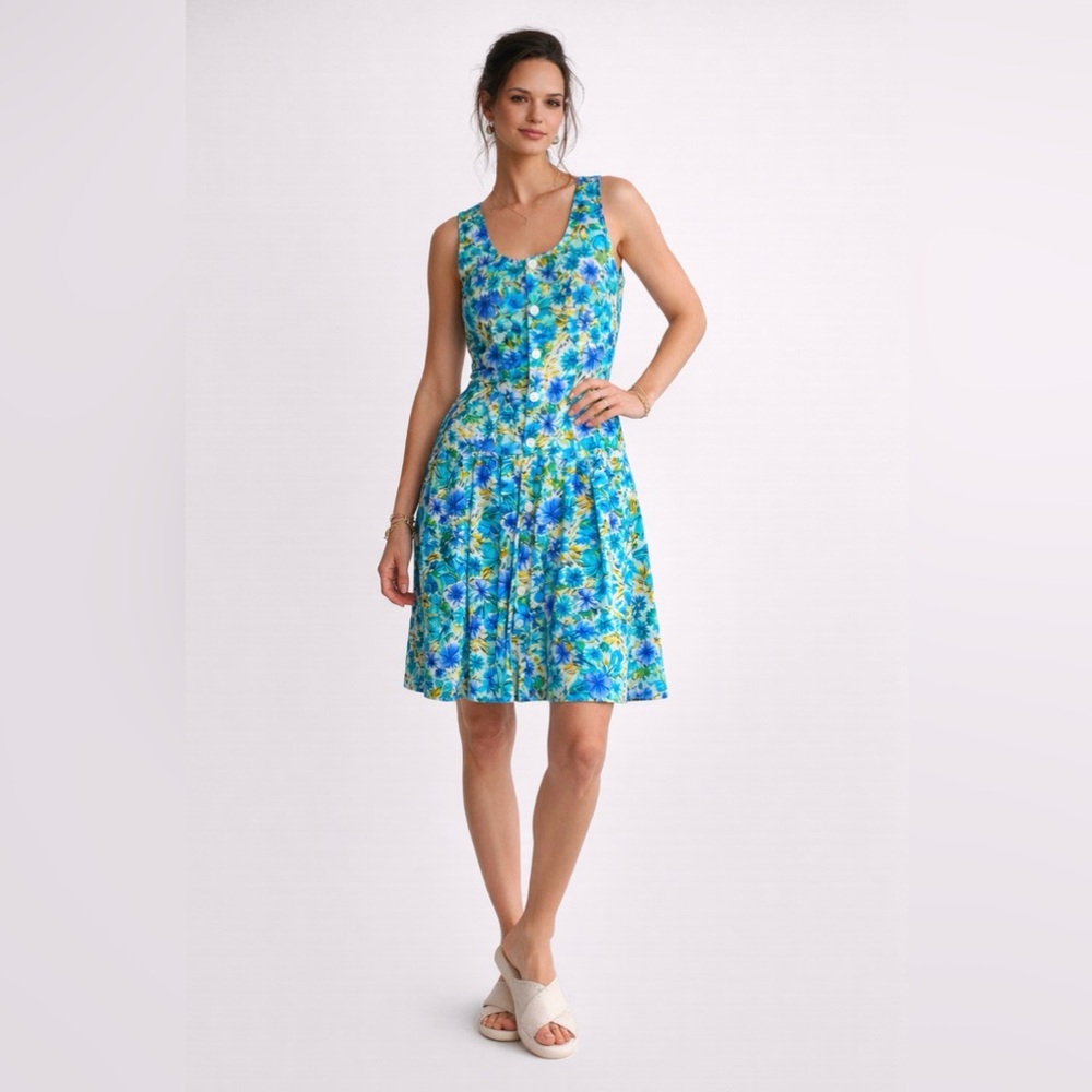 Vntg All That Jazz Blue and Green Floral Button-Front Dress